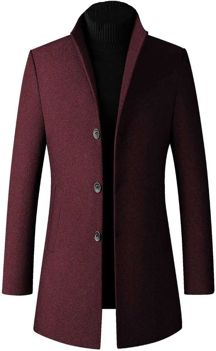 Lu's Chic Men's Wool Pea Coats Thick Long Sleeve Button Down Dressy Jacket Long Quilted Single Breasted Slim Fit Peacoat