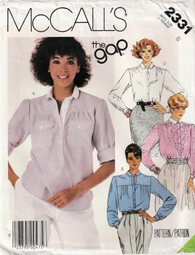 McCall's 2331 THE GAP Womens Blouses 1980s Vintage Sewing Pattern Size 8 Bust 31.5 Inches UNCUT Factory Folded