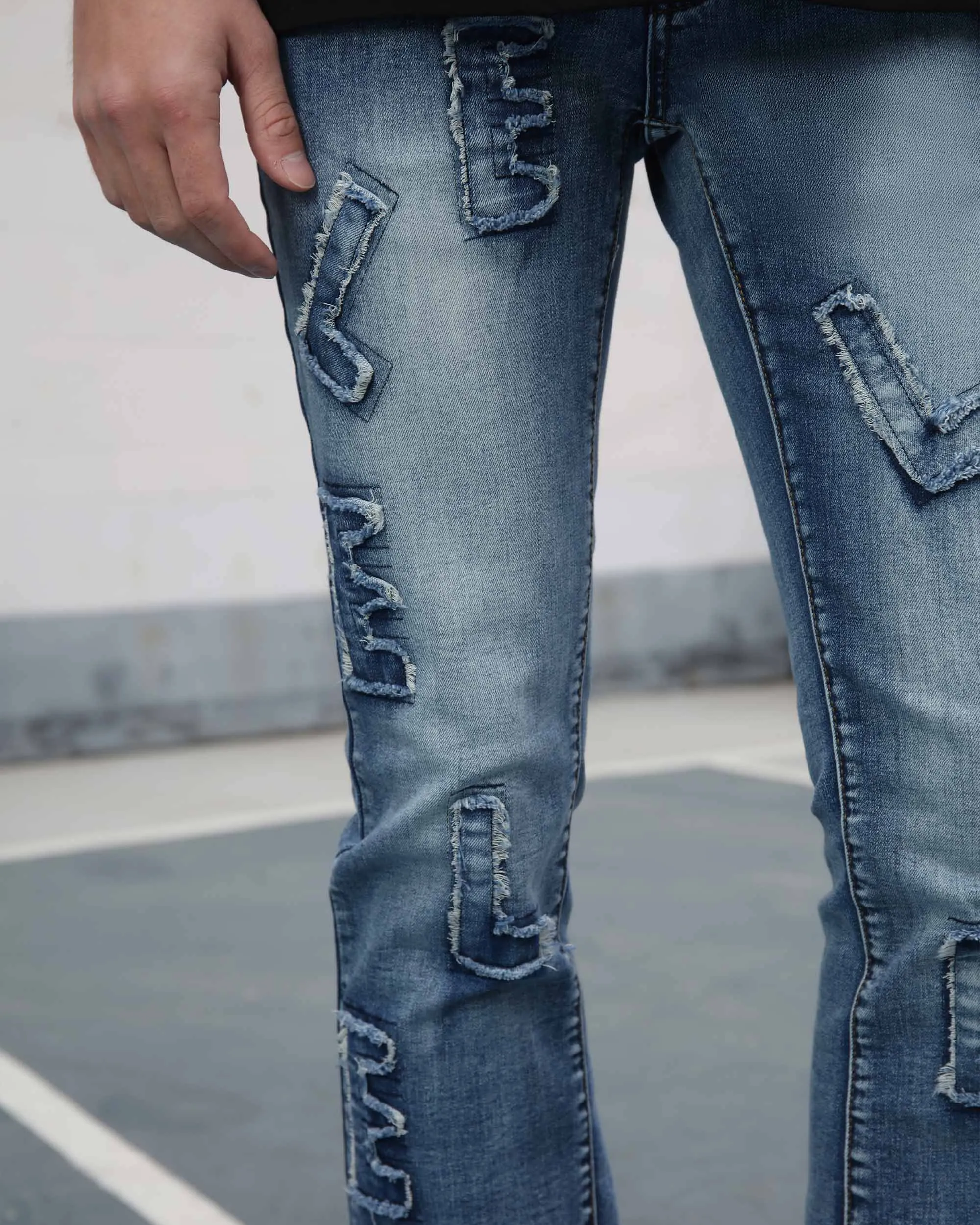 Medium Wash Blue Jeans with Ripped Text-Mexico Local Delivery