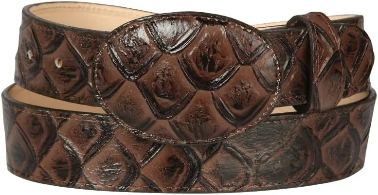 Men Cowboy Belt Genuine Leather Engraved Pirarucu Fish Cinto Vaquero Imitacion
