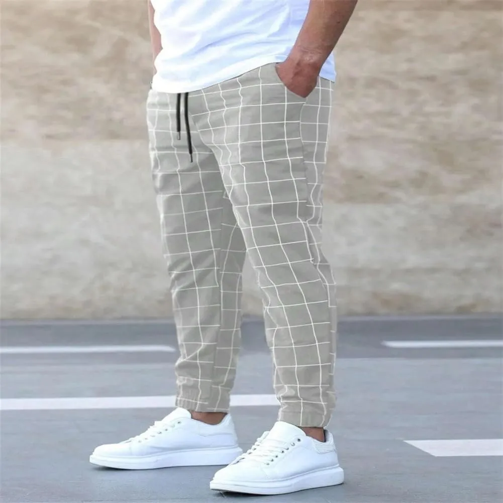 Men's Casual Drawstring Checkered Pants Stretch Slim Fit Skinny Pants Plaid Dress Pants for Men Business Suit Pants