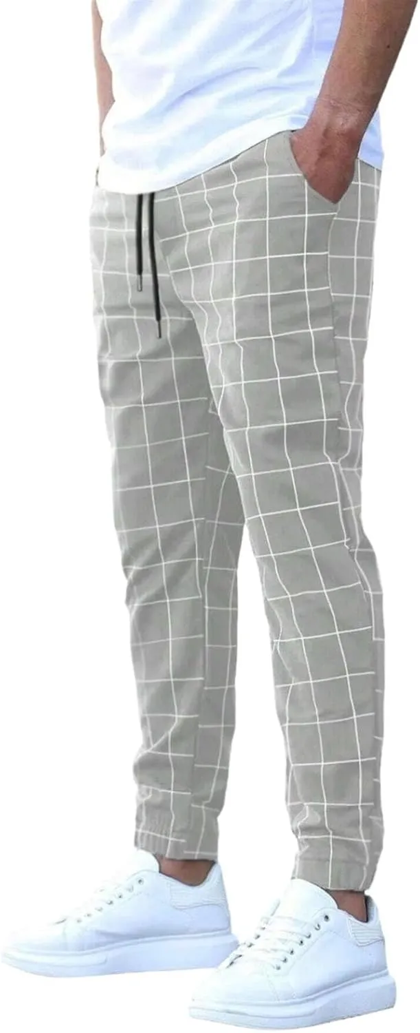 Men's Casual Drawstring Checkered Pants Stretch Slim Fit Skinny Pants Plaid Dress Pants for Men Business Suit Pants