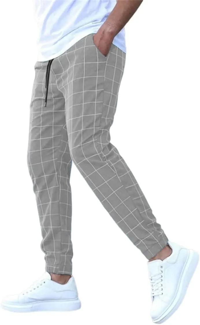 Men's Casual Drawstring Checkered Pants Stretch Slim Fit Skinny Pants Plaid Dress Pants for Men Business Suit Pants