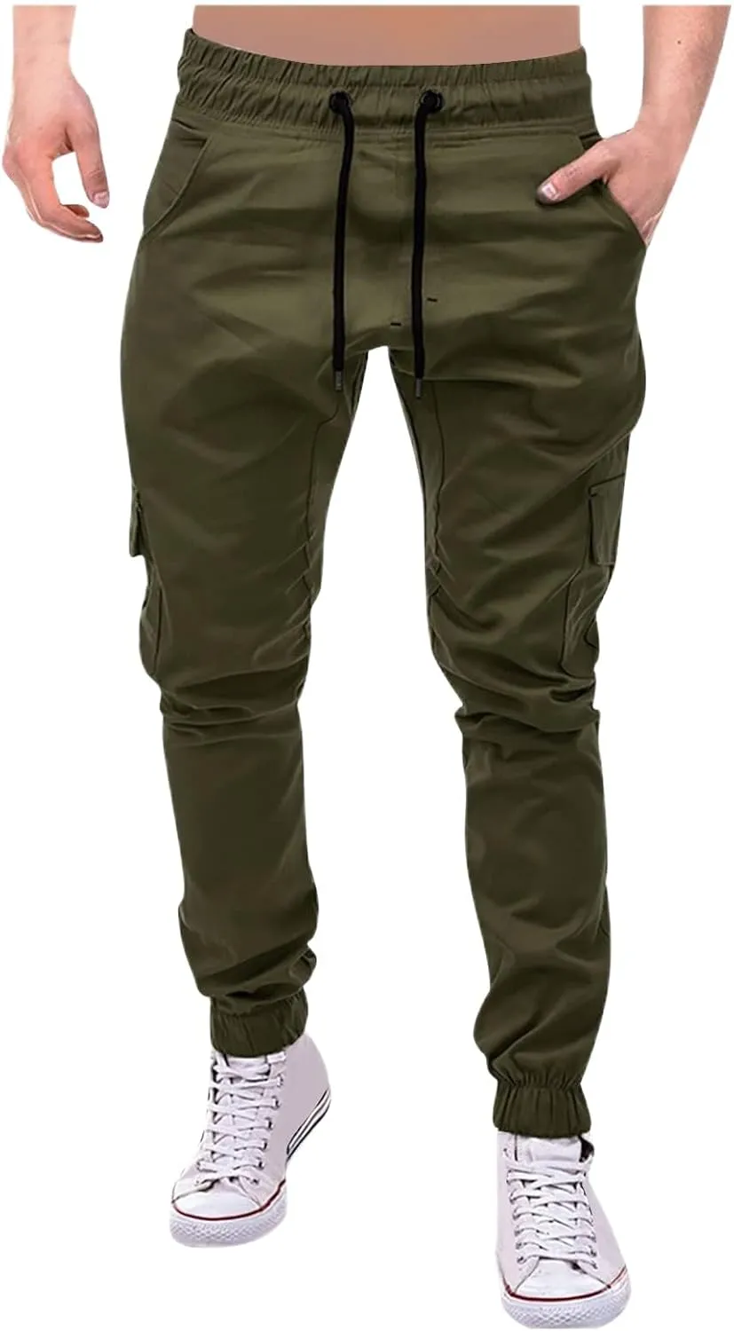 Mens Joggers Cargo Pants Drawstring Stretch Tapered Pants Solid Color Casual Trousers Outdoor Hiking Athletic Trouser