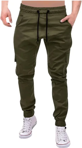 Mens Joggers Cargo Pants Drawstring Stretch Tapered Pants Solid Color Casual Trousers Outdoor Hiking Athletic Trouser