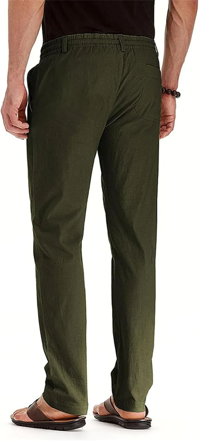 Mens Linen Drawstring Pants Jogger Loose Stretch Sweatpants Soft Elastic Waist Casual Fall Bussiness Trousers