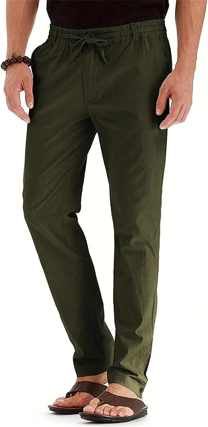 Mens Linen Drawstring Pants Jogger Loose Stretch Sweatpants Soft Elastic Waist Casual Fall Bussiness Trousers