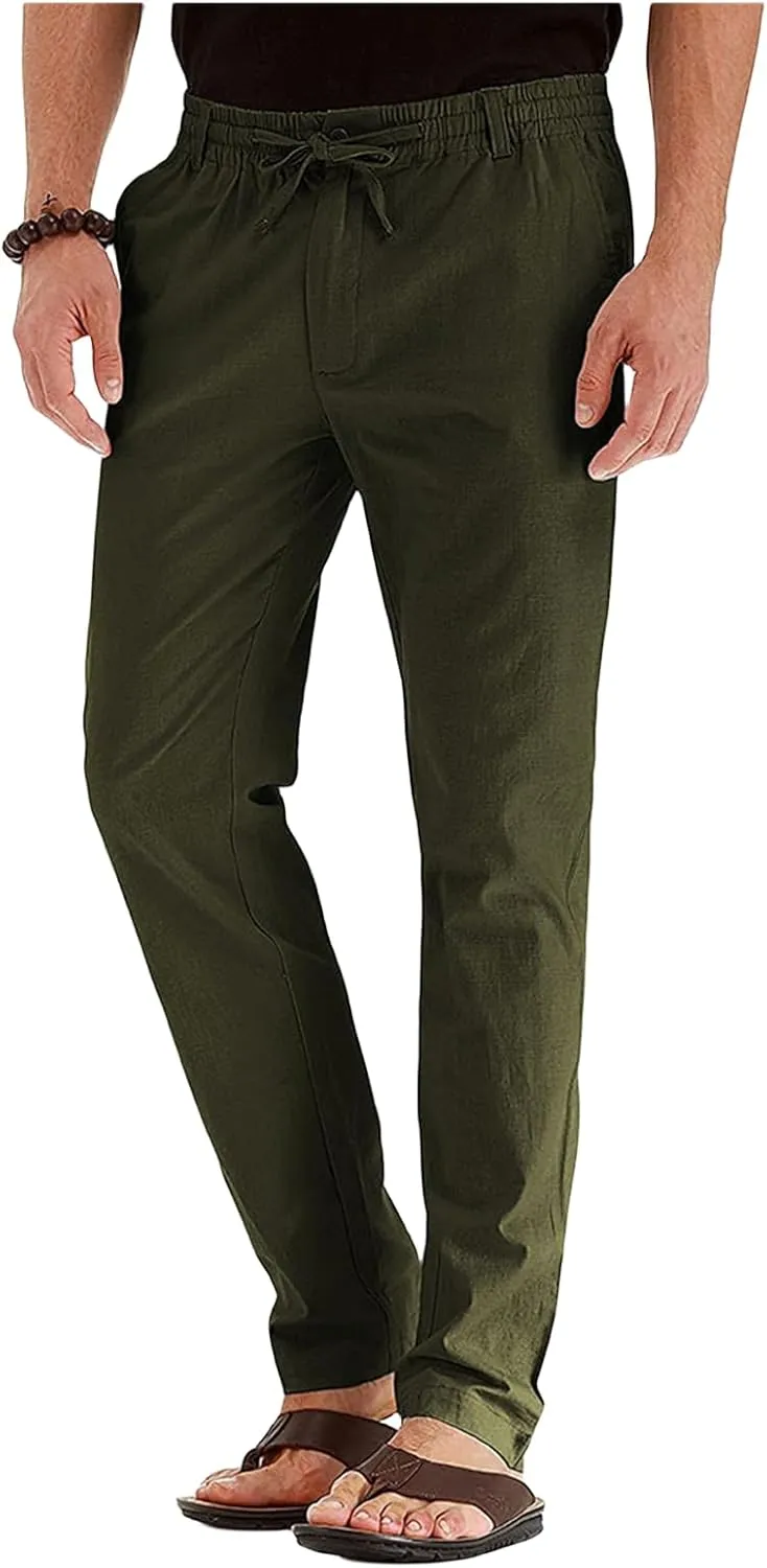 Mens Linen Drawstring Pants Jogger Loose Stretch Sweatpants Soft Elastic Waist Casual Fall Bussiness Trousers