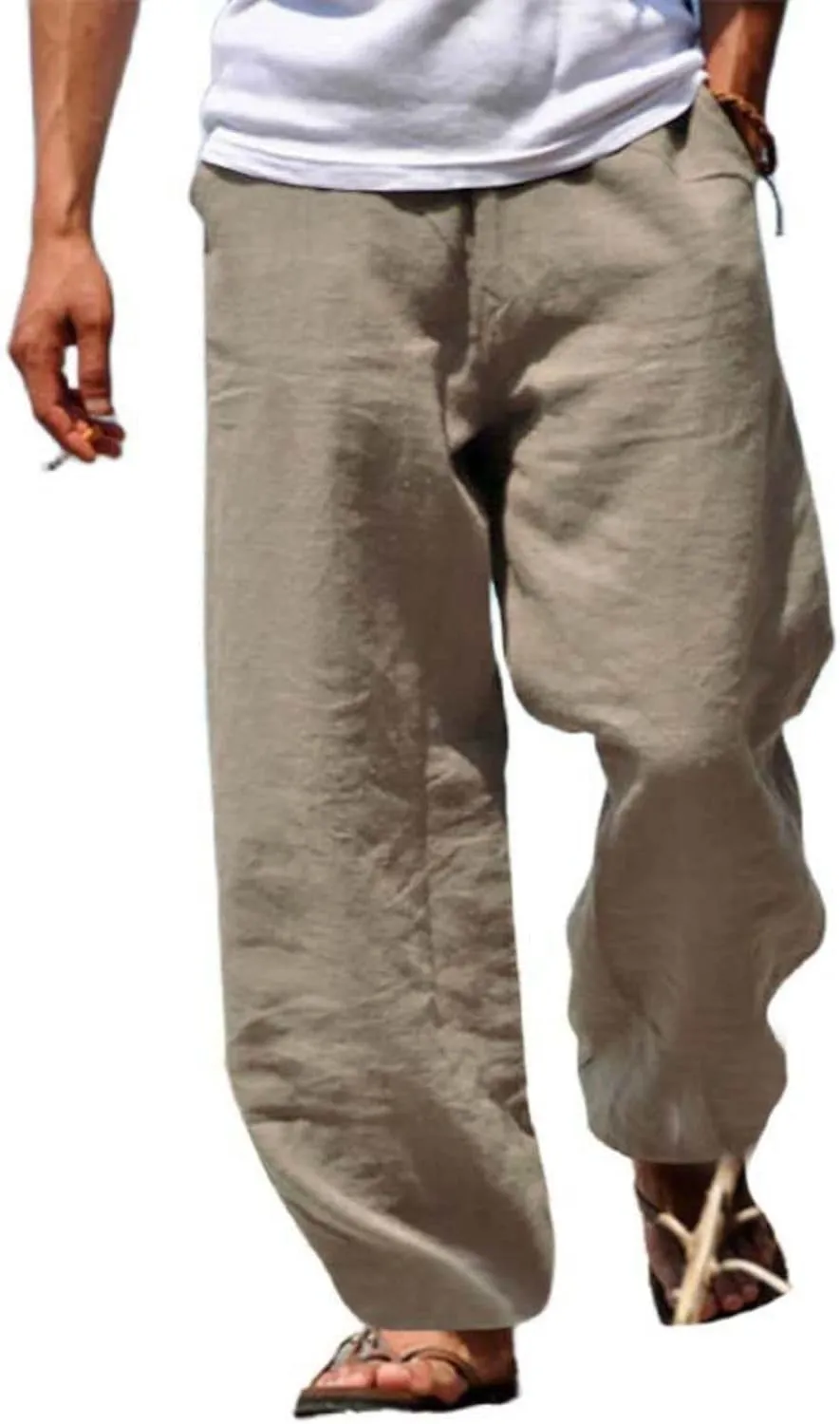 Mens Linen Lightweight Pants Summer Beach Elastic Waist Casual Jogger Yoga Pants with Drawstring and Pockets