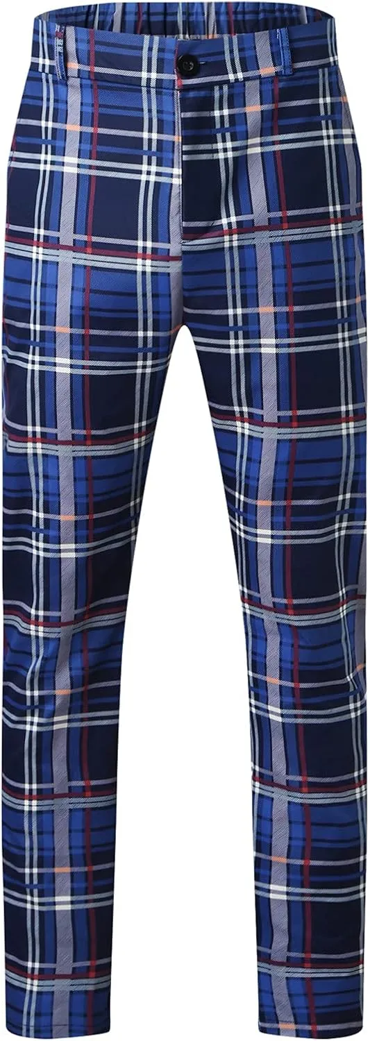 Men's Plaid Dress Pants Skinny Slim Fit Tapered Pants Stretch Chino Pants Checked Office Prom Trousers with Pockets