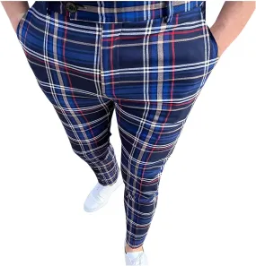 Men's Plaid Dress Pants Skinny Slim Fit Tapered Pants Stretch Chino Pants Checked Office Prom Trousers with Pockets