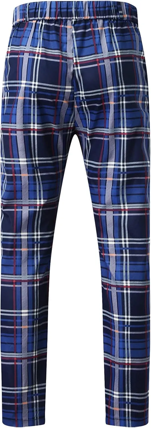 Men's Plaid Dress Pants Skinny Slim Fit Tapered Pants Stretch Chino Pants Checked Office Prom Trousers with Pockets