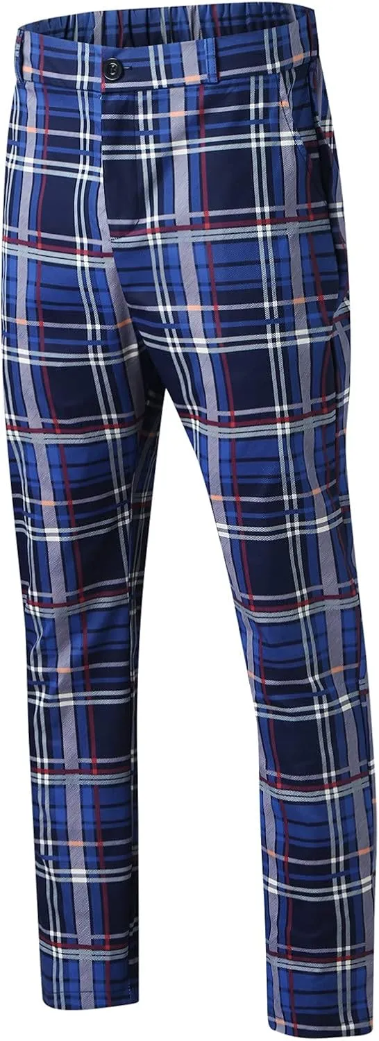 Men's Plaid Dress Pants Skinny Slim Fit Tapered Pants Stretch Chino Pants Checked Office Prom Trousers with Pockets