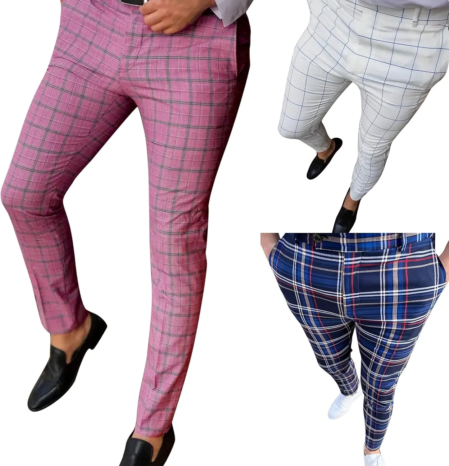 Men's Plaid Dress Pants Skinny Slim Fit Tapered Pants Stretch Chino Pants Checked Office Prom Trousers with Pockets