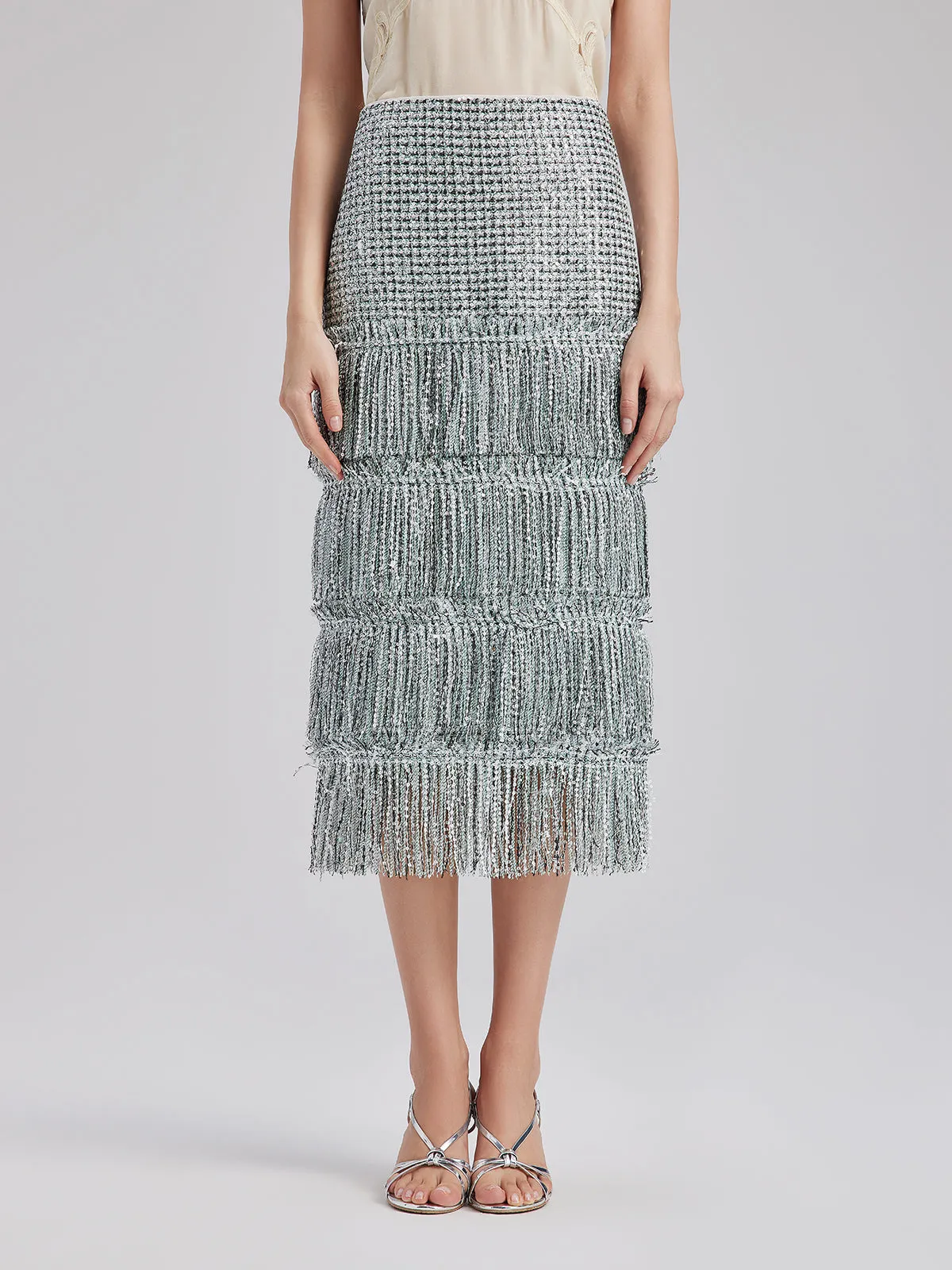 Minimalist Sequin Tweed Tassel Skirt
