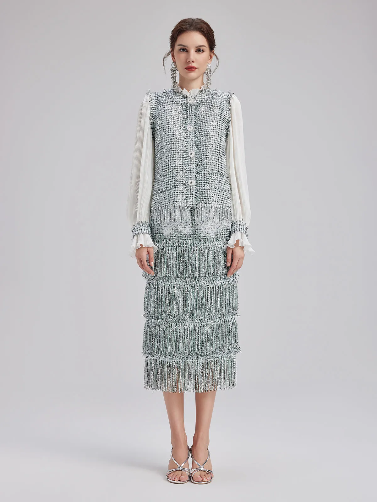 Minimalist Sequin Tweed Tassel Skirt