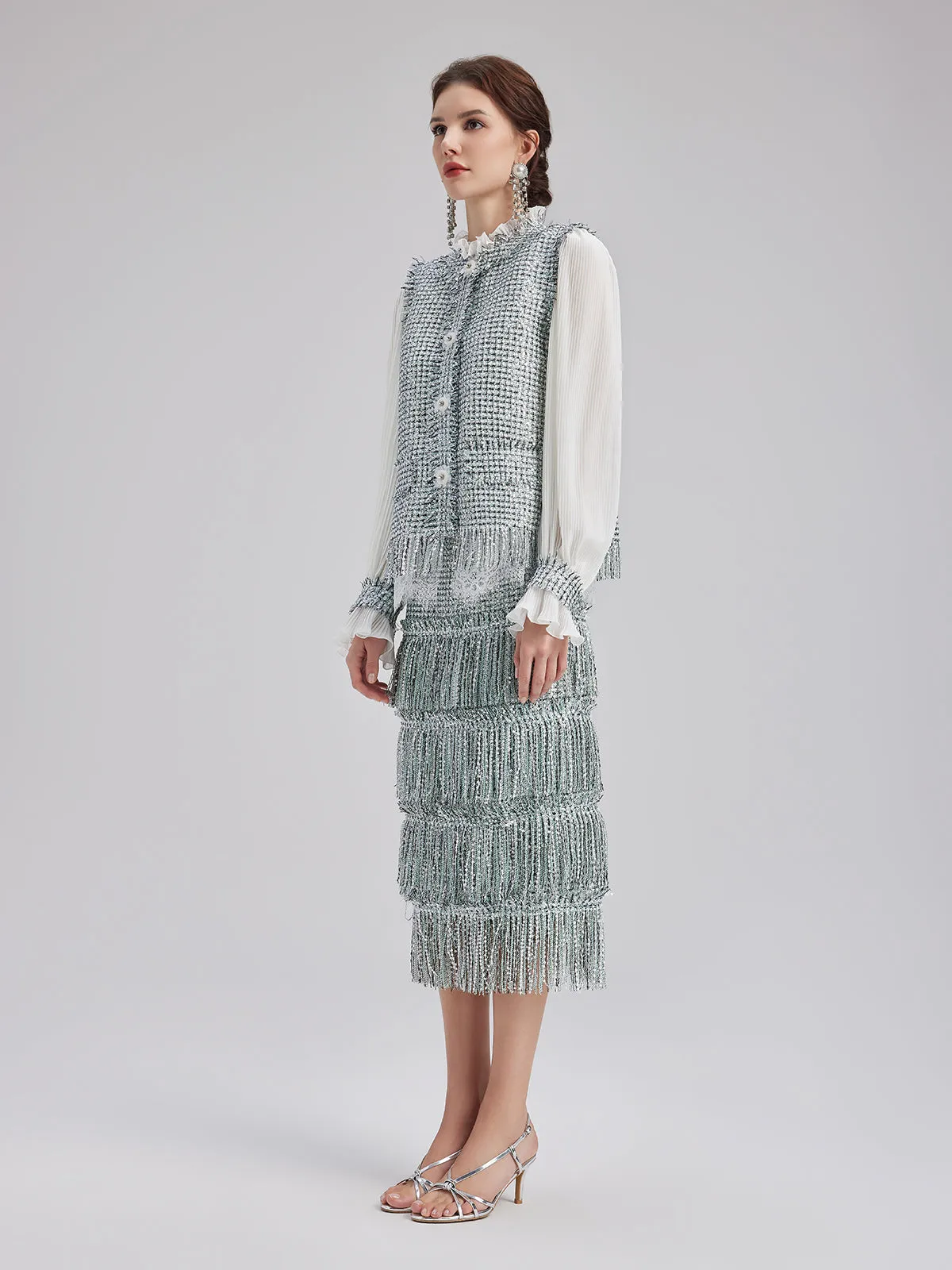 Minimalist Sequin Tweed Tassel Skirt