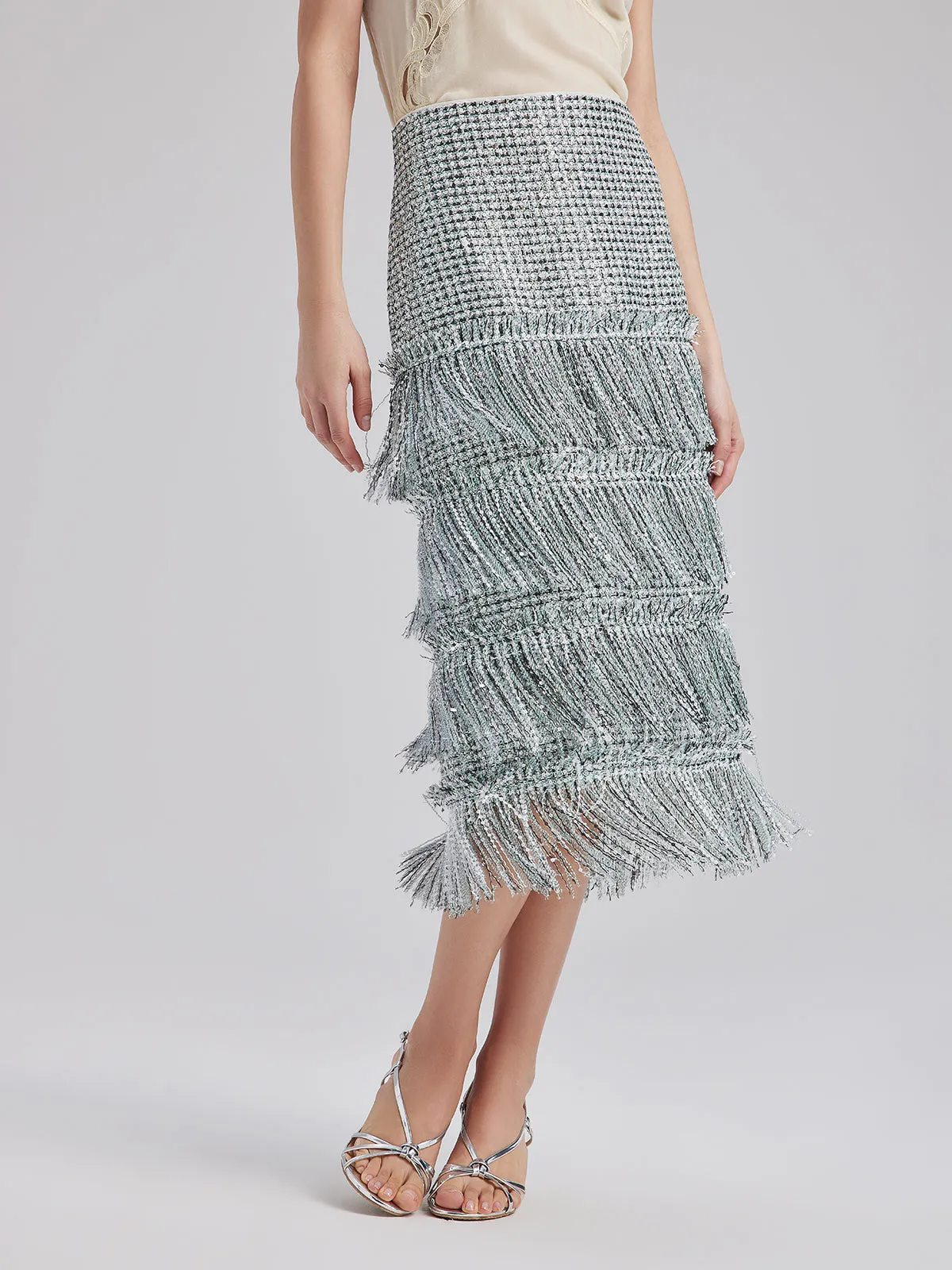 Minimalist Sequin Tweed Tassel Skirt