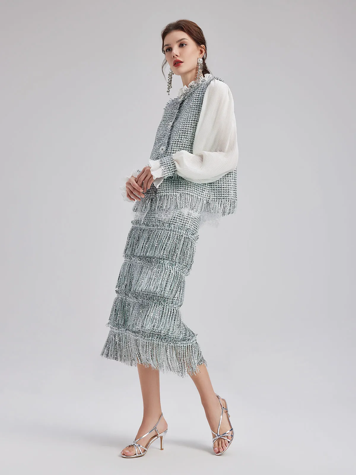 Minimalist Sequin Tweed Tassel Skirt