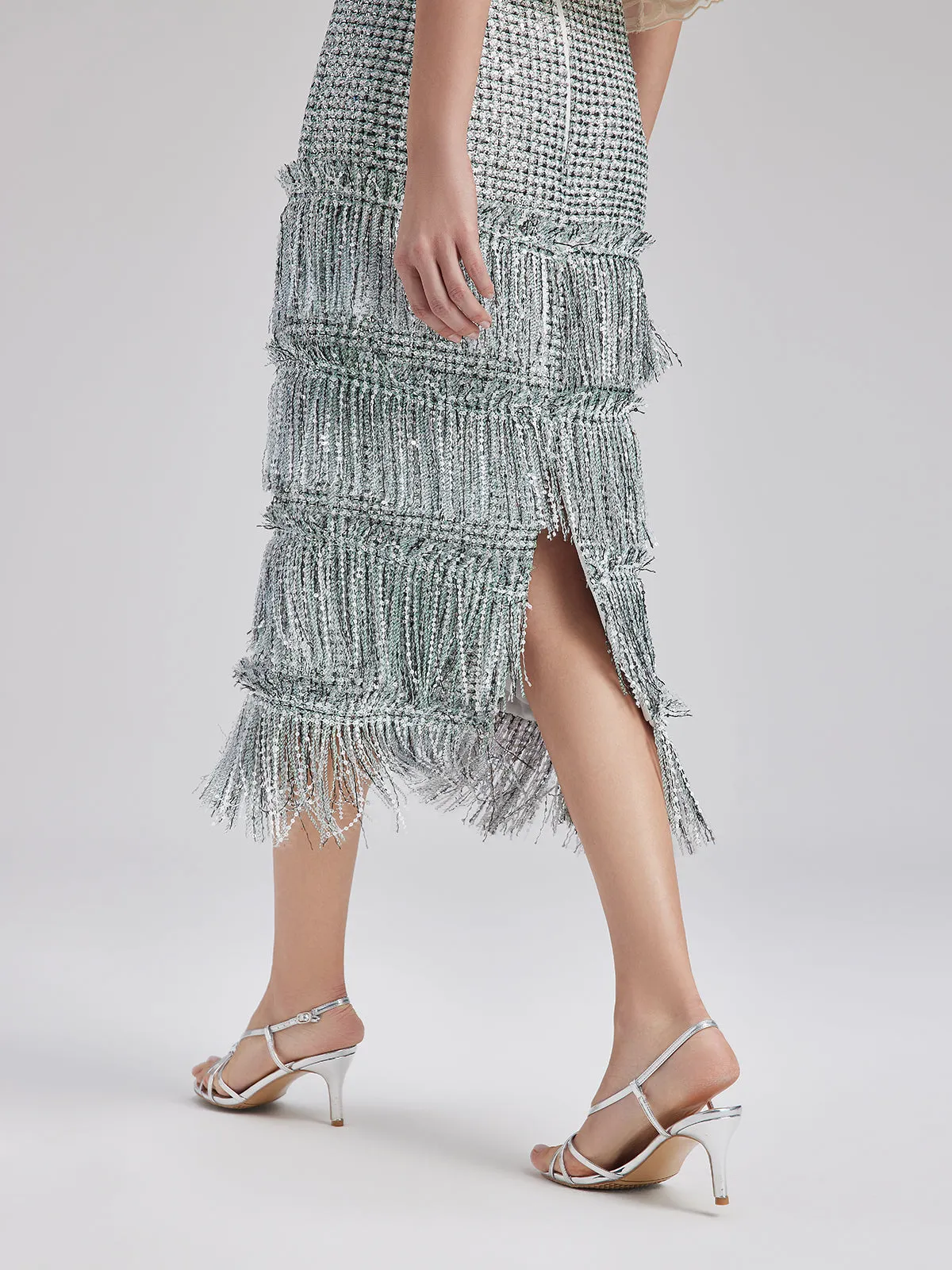 Minimalist Sequin Tweed Tassel Skirt