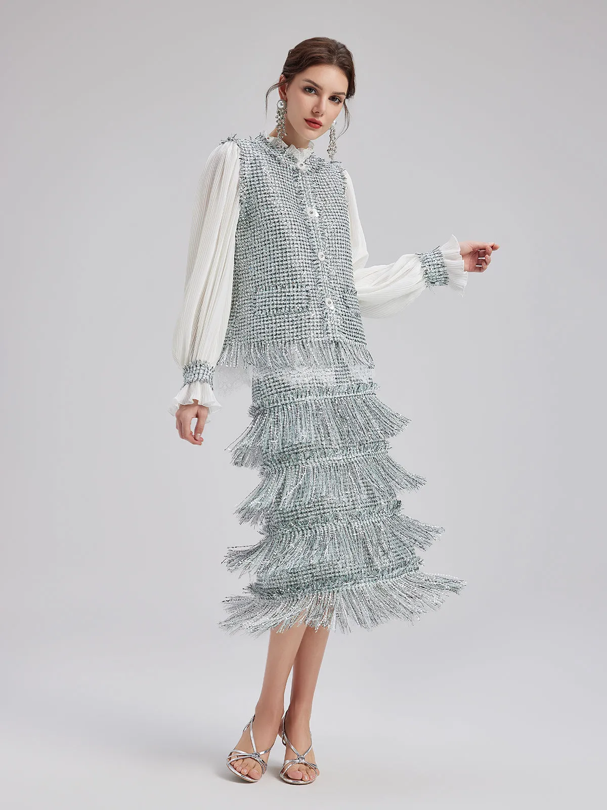 Minimalist Sequin Tweed Tassel Skirt
