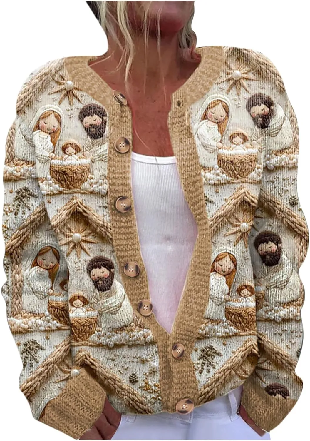 Nativity Scene Cardigan for Women Christmas Cardigan Button Knit Sweater Long Sleeve Weekend Resort Cozy Outfit