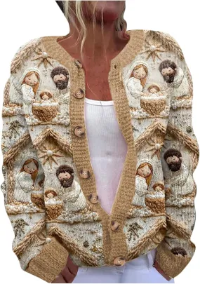 Nativity Scene Cardigan for Women Christmas Cardigan Button Knit Sweater Long Sleeve Weekend Resort Cozy Outfit