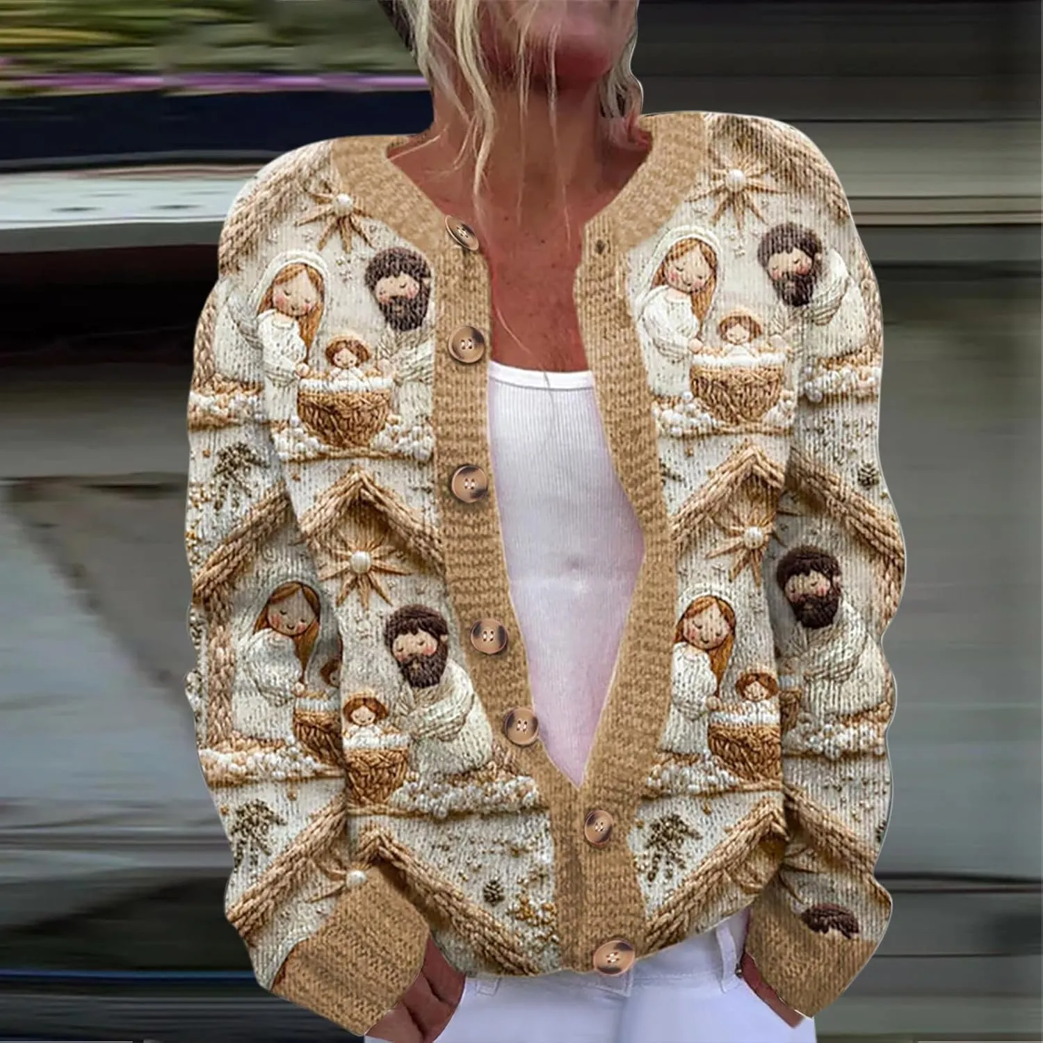 Nativity Scene Cardigan for Women Christmas Cardigan Button Knit Sweater Long Sleeve Weekend Resort Cozy Outfit