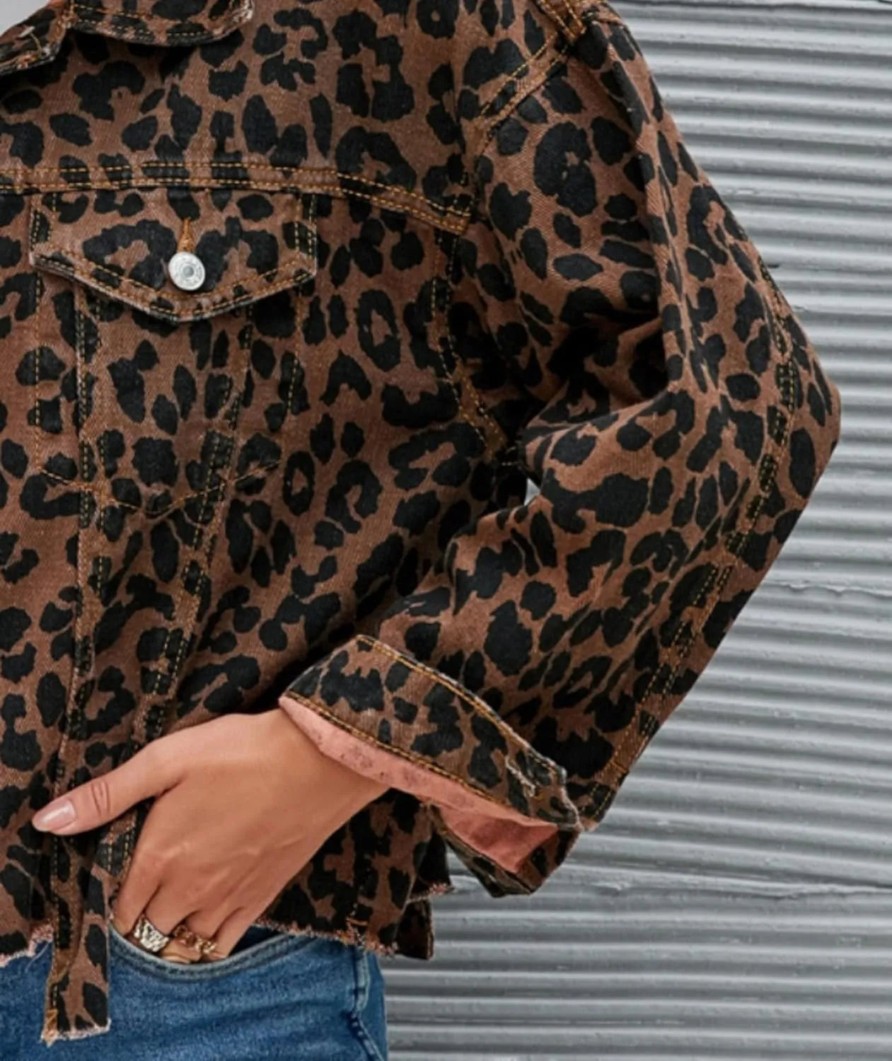 OCUH Leopard Jacket Cheetah Print Top Button-up Oversize Crop Denim Coats for Women Y2k Streetwear