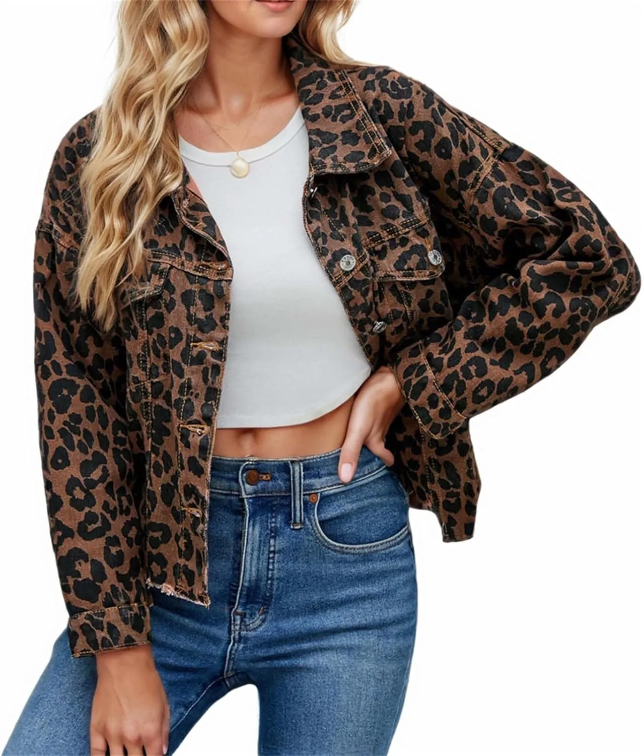 OCUH Leopard Jacket Cheetah Print Top Button-up Oversize Crop Denim Coats for Women Y2k Streetwear