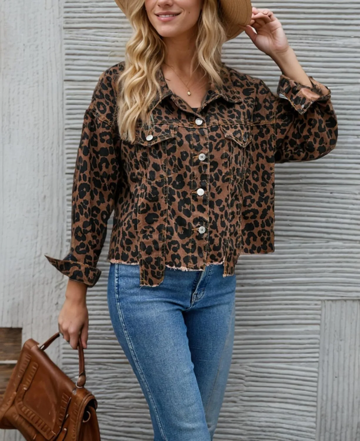 OCUH Leopard Jacket Cheetah Print Top Button-up Oversize Crop Denim Coats for Women Y2k Streetwear