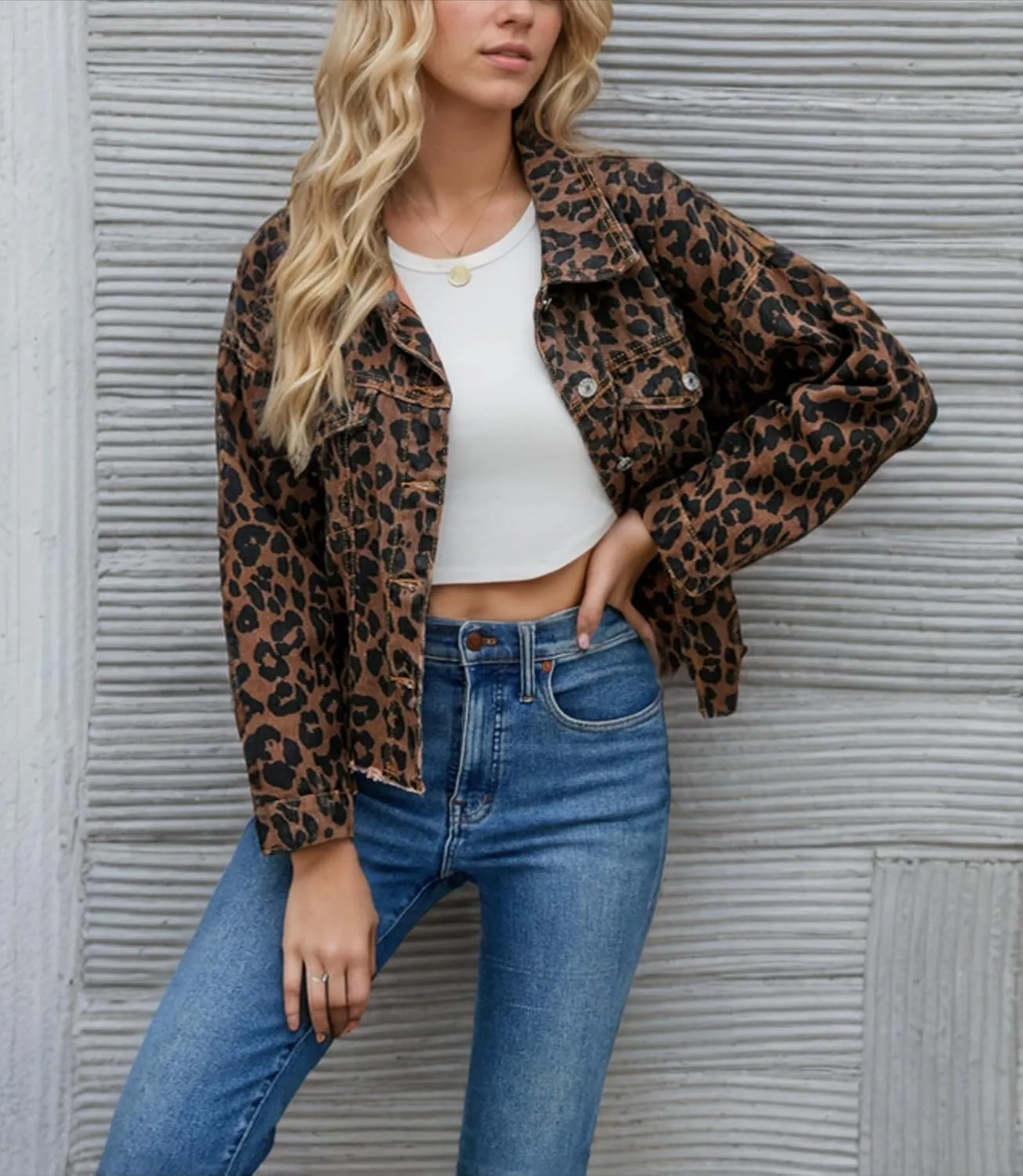 OCUH Leopard Jacket Cheetah Print Top Button-up Oversize Crop Denim Coats for Women Y2k Streetwear
