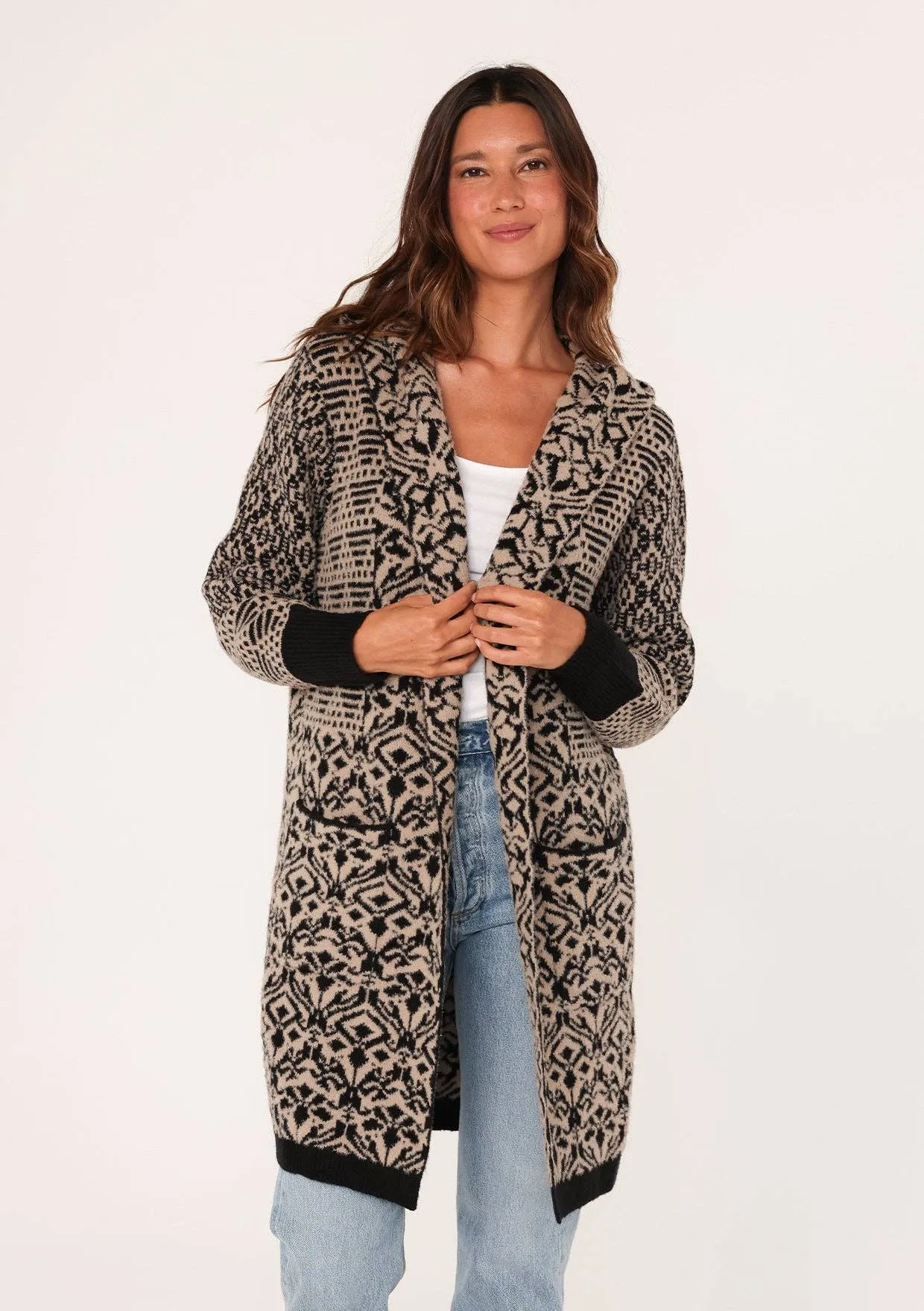 Patchwork Jacquard Open Front Hoodie Cardigan