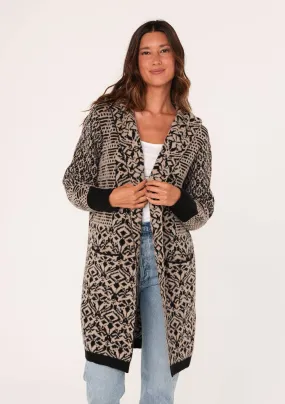 Patchwork Jacquard Open Front Hoodie Cardigan