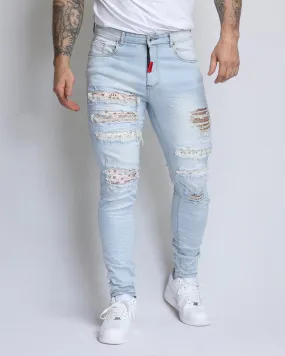 Pink Cashew Blossom Patch Blue Ripped Jeans with Light Wash-Mexico Local Delivery