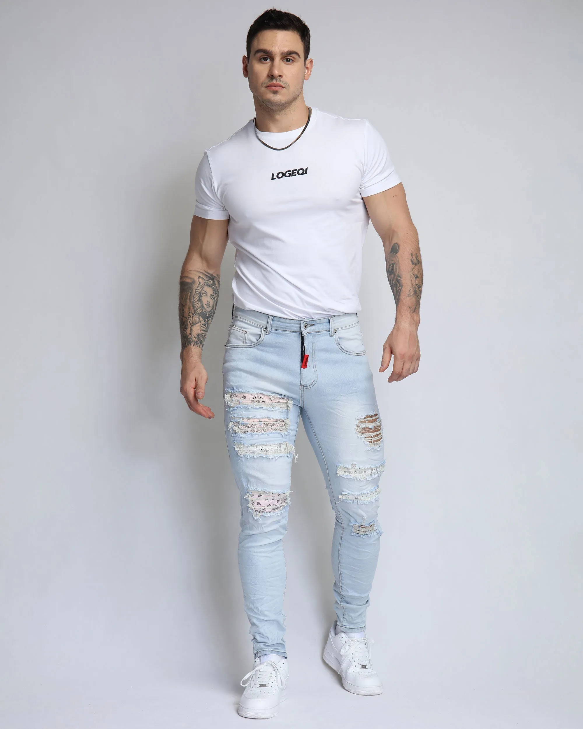 Pink Cashew Blossom Patch Blue Ripped Jeans with Light Wash-Mexico Local Delivery