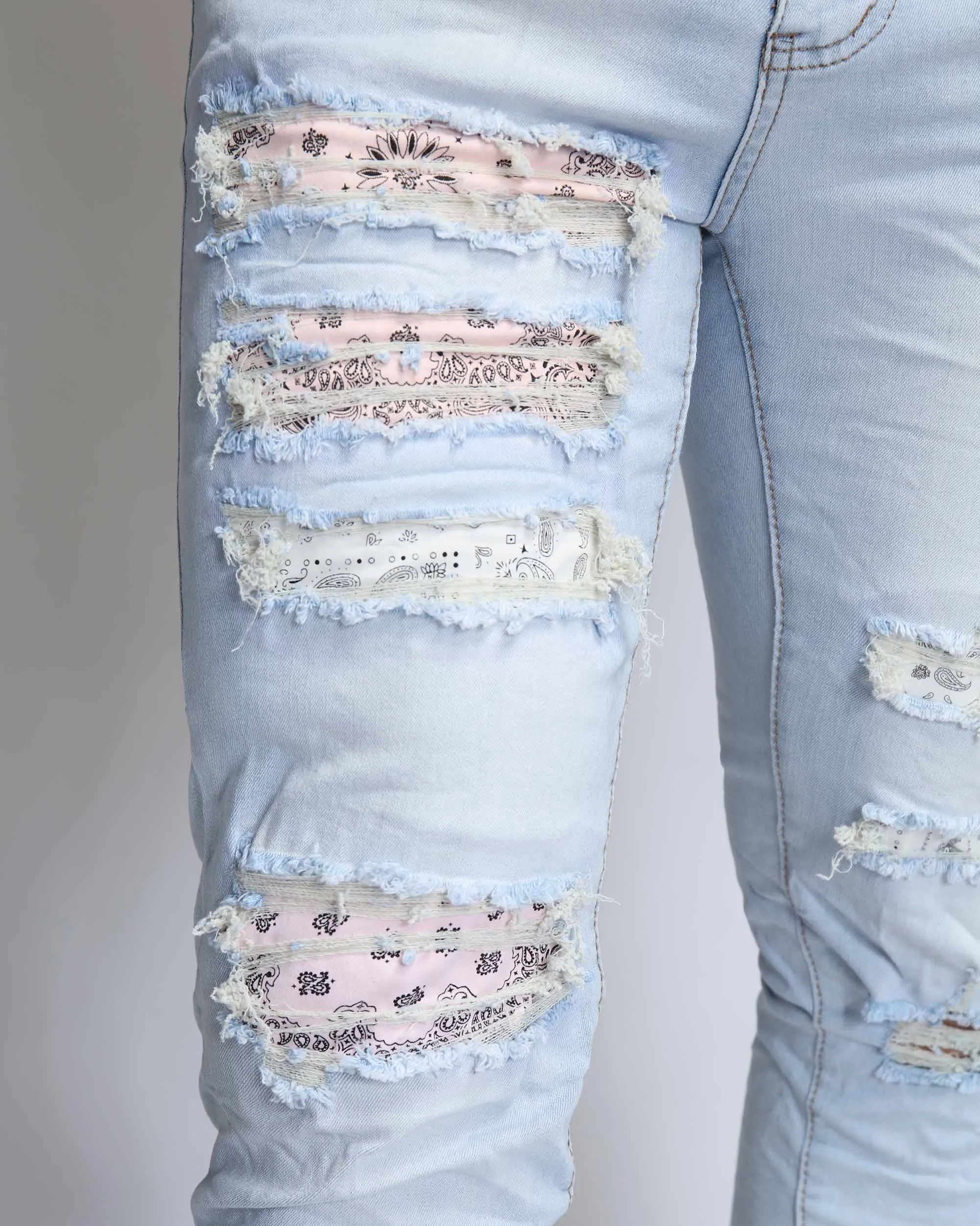 Pink Cashew Blossom Patch Blue Ripped Jeans with Light Wash-Mexico Local Delivery