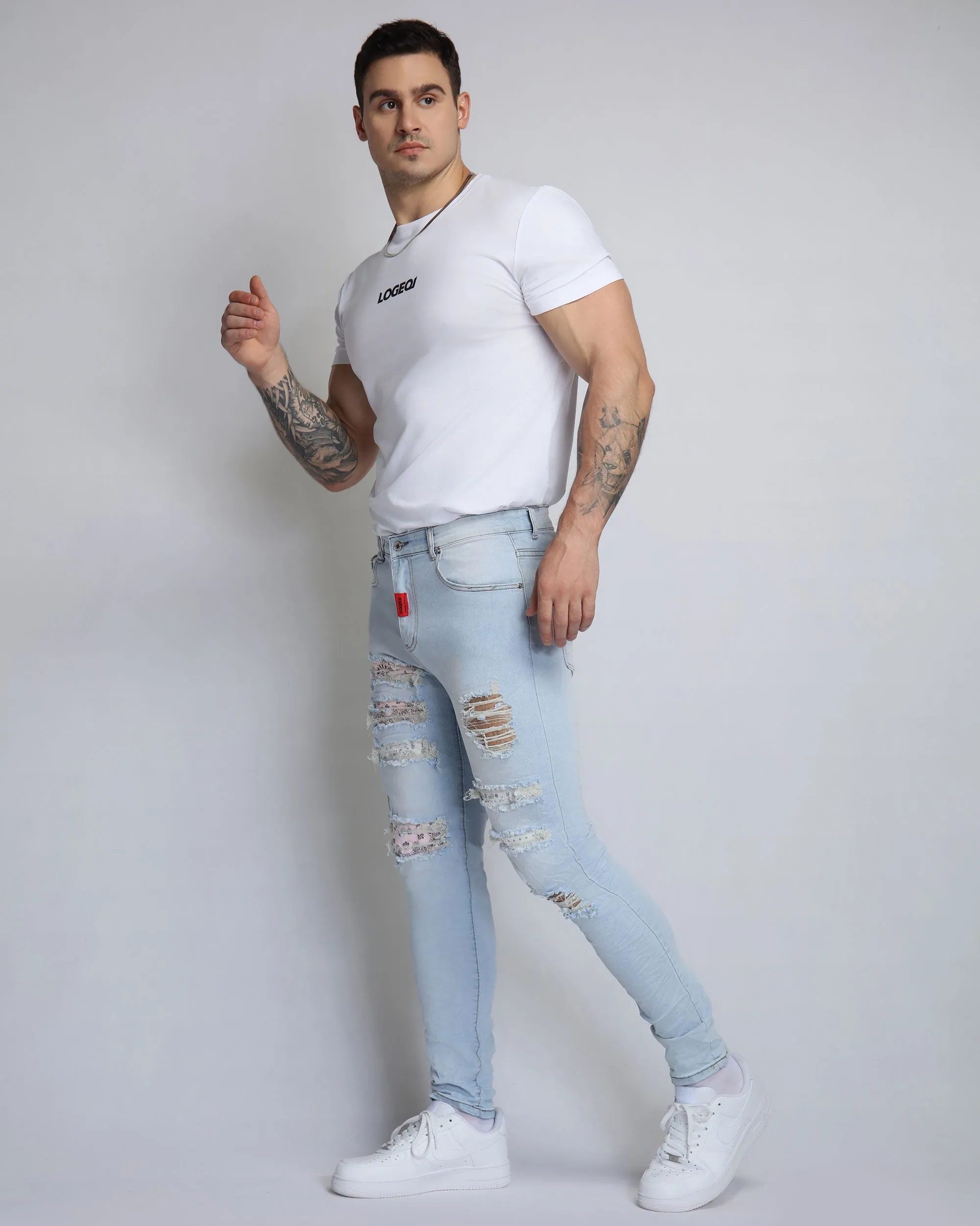 Pink Cashew Blossom Patch Blue Ripped Jeans with Light Wash-Mexico Local Delivery