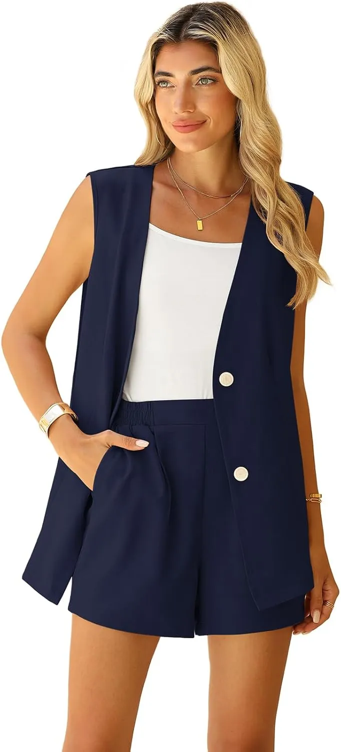QUEZHU 2 Piece Sets for Women Summer Linen Sleeveless Blazer and Shorts Set 2025 Dressy Casual Outfits Matching Set