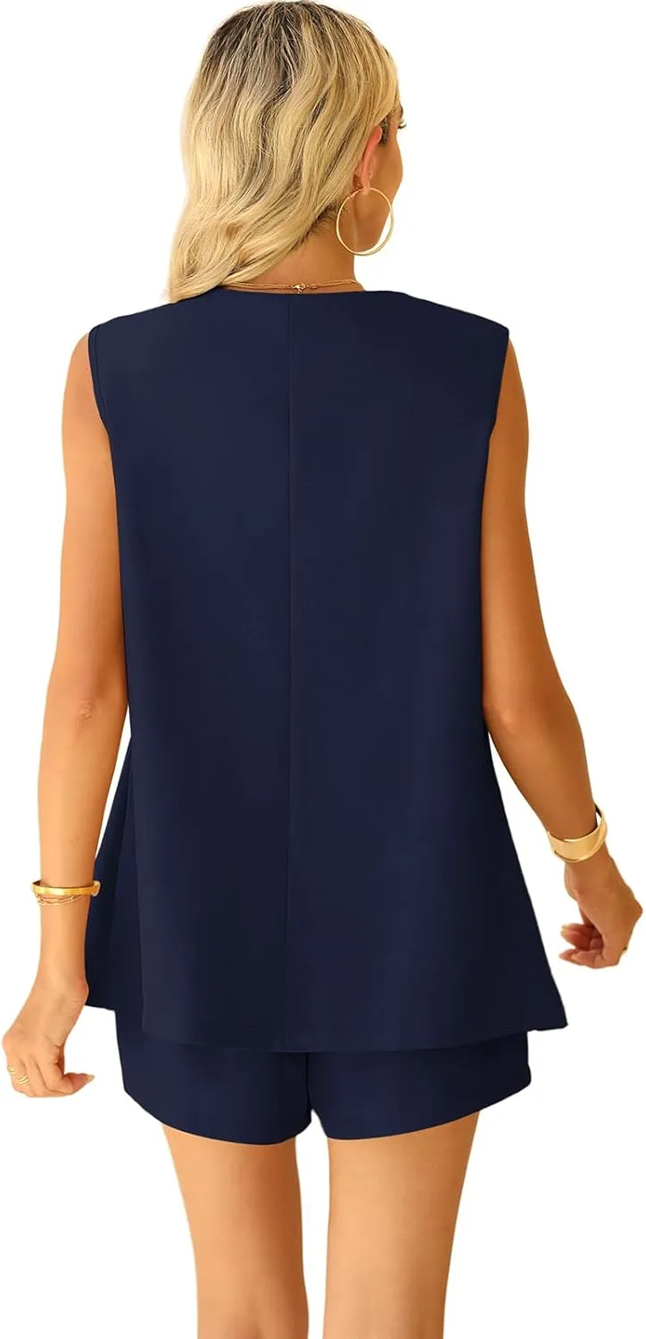 QUEZHU 2 Piece Sets for Women Summer Linen Sleeveless Blazer and Shorts Set 2025 Dressy Casual Outfits Matching Set