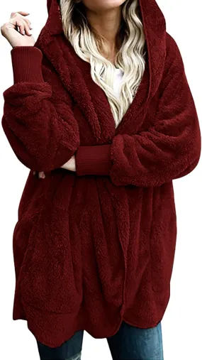 Sherpa Jacket Women Oversized Hooded Fuzzy Fleece Jackets with Pocket Warm Cozy Hoodie Cardigan Coat Plus Size