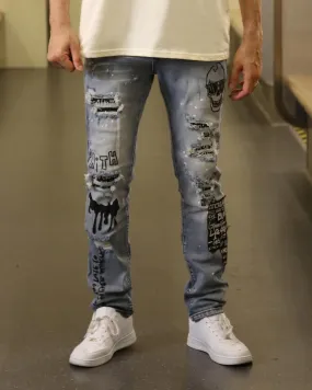 Skull Blue Graffiti  Ripped Jeans with Streetwear Edge