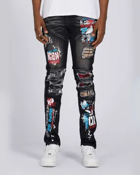 Slim Fit Rip & Repair Black Jeans with Cartoon Painted-Mexico Local Delivery