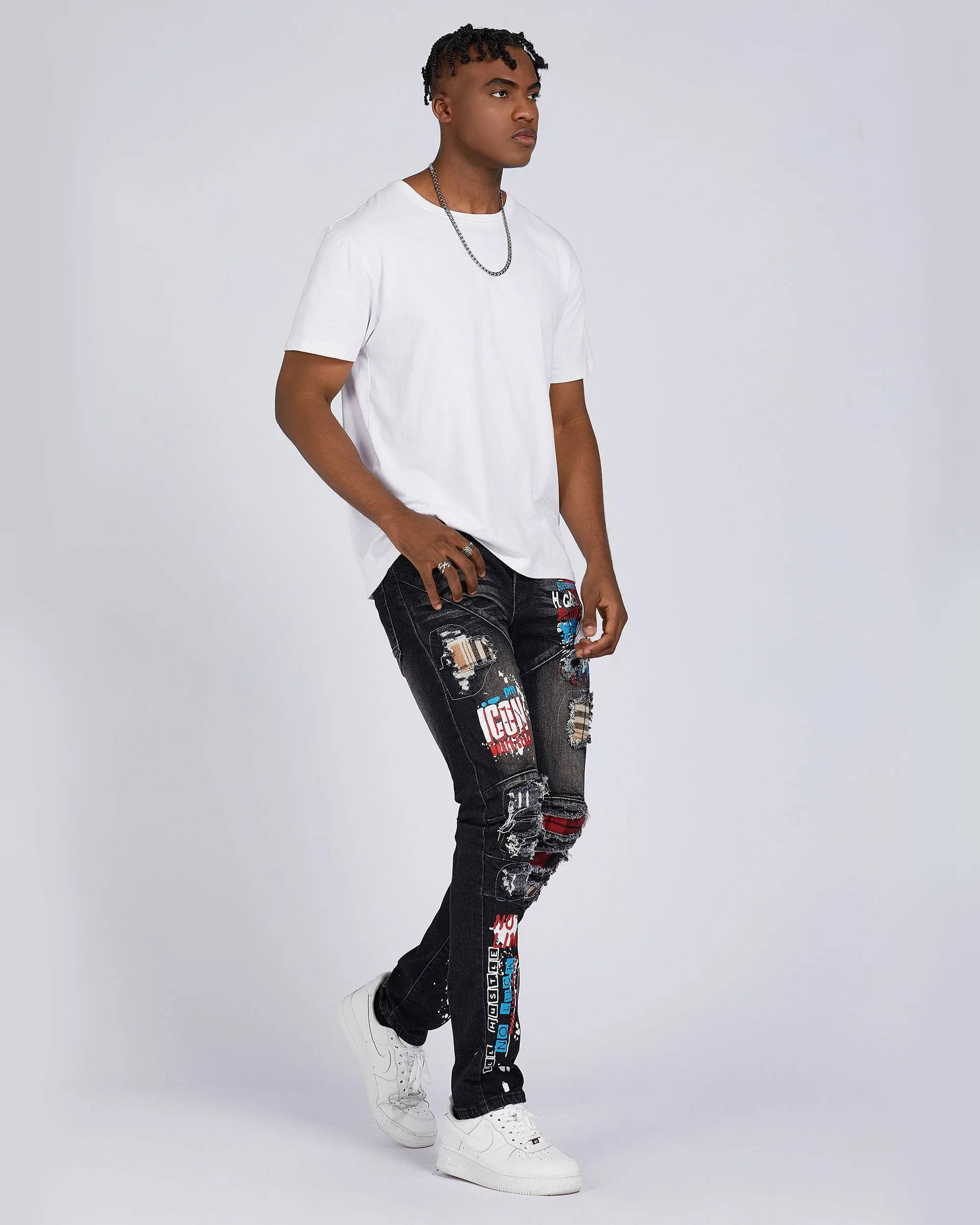 Slim Fit Rip & Repair Black Jeans with Cartoon Painted-Mexico Local Delivery