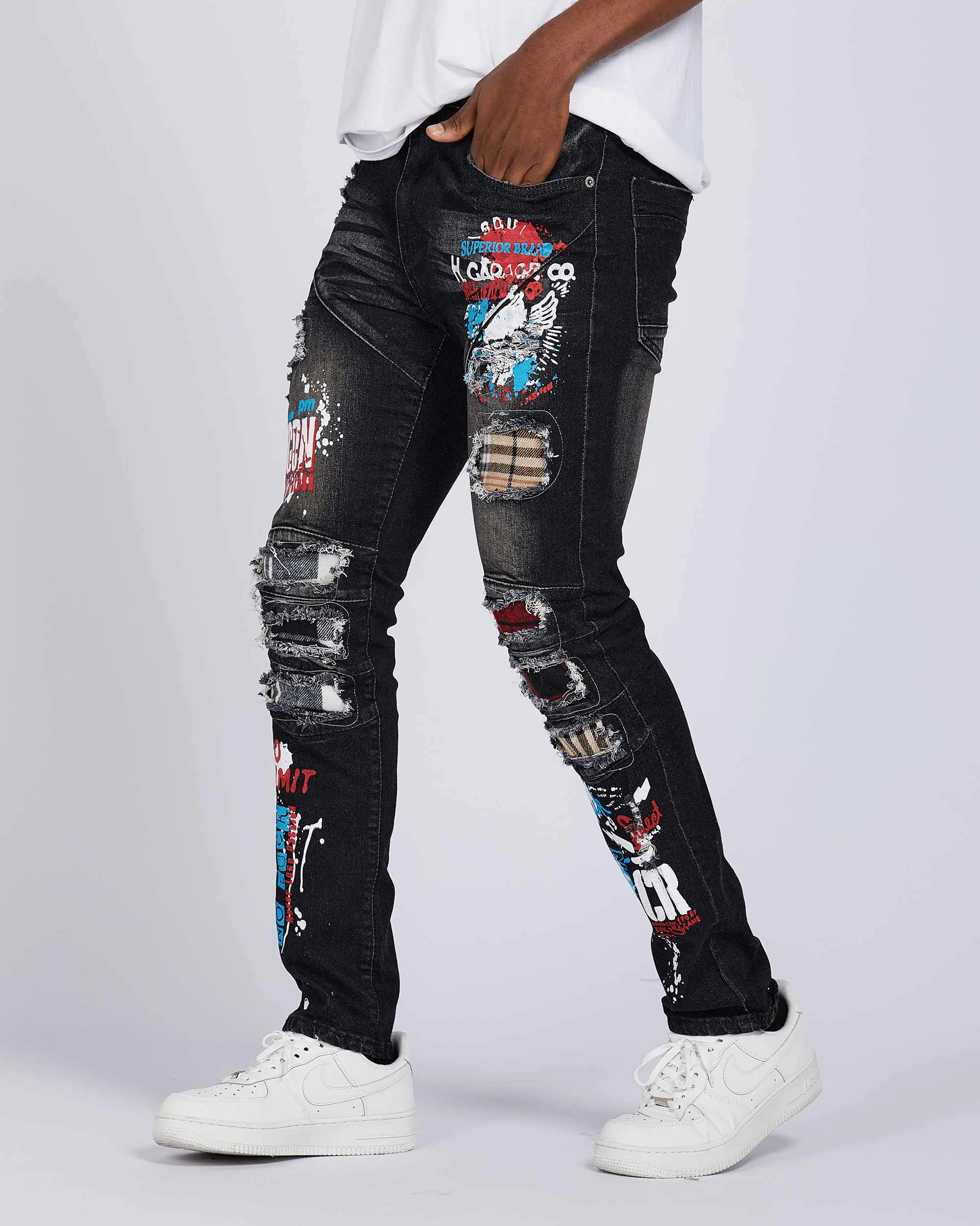 Slim Fit Rip & Repair Black Jeans with Cartoon Painted-Mexico Local Delivery