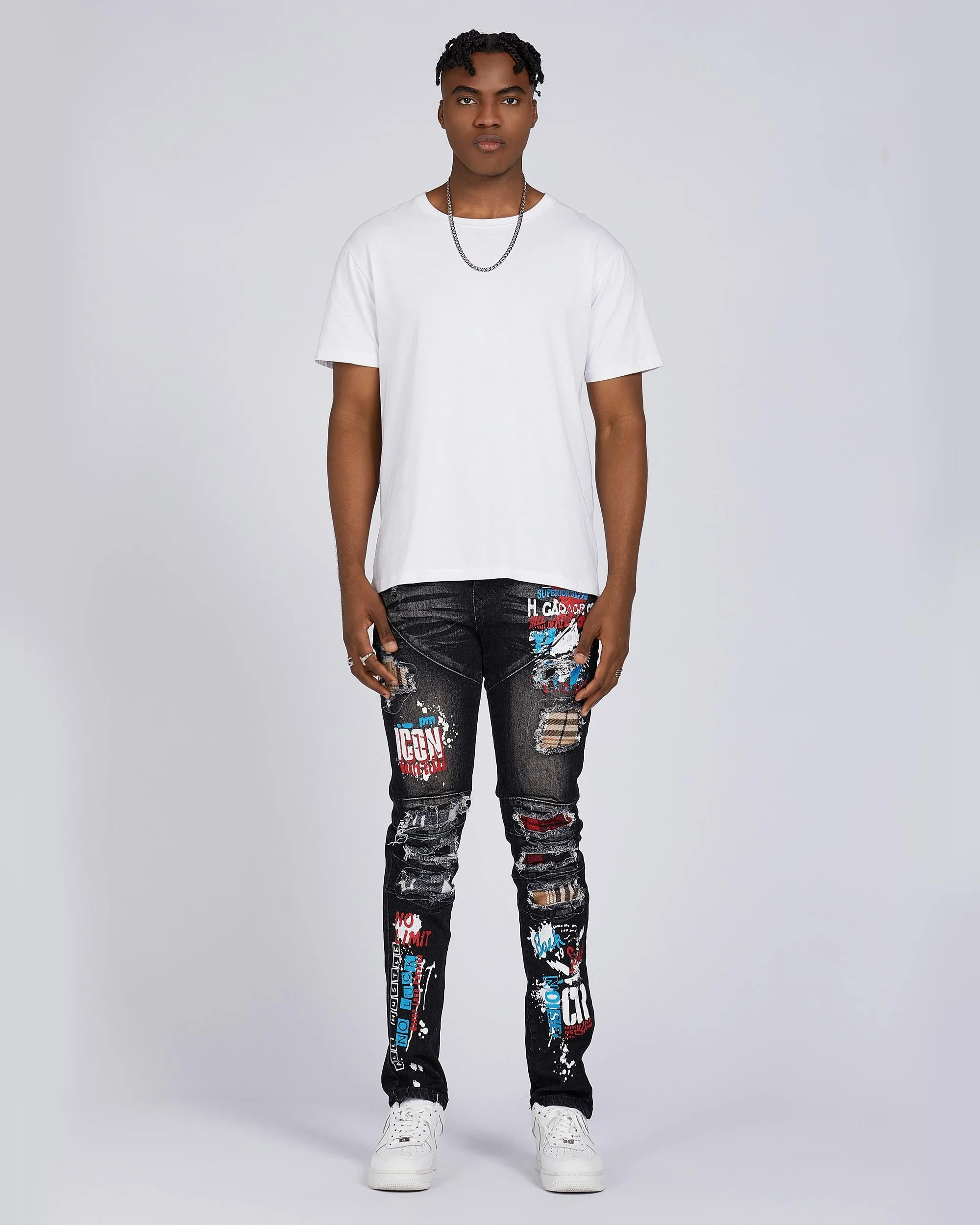 Slim Fit Rip & Repair Black Jeans with Cartoon Painted-Mexico Local Delivery