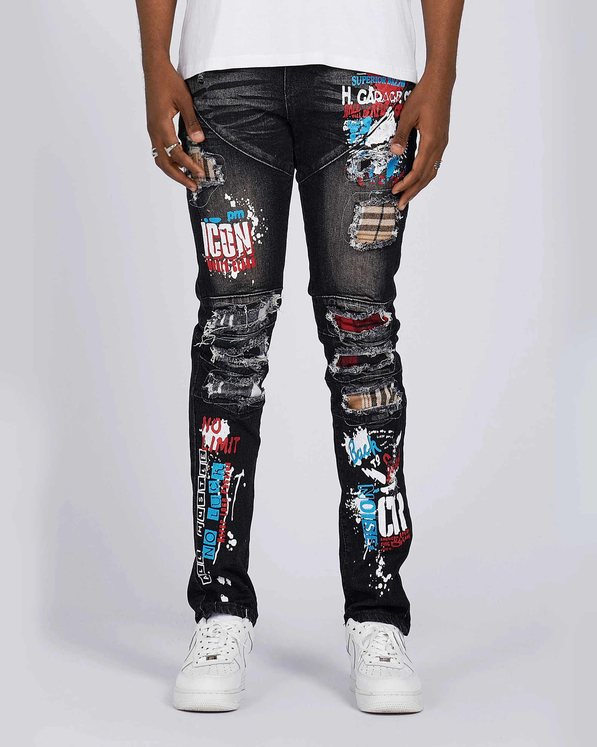 Slim Fit Rip & Repair Black Jeans with Cartoon Painted-Mexico Local Delivery