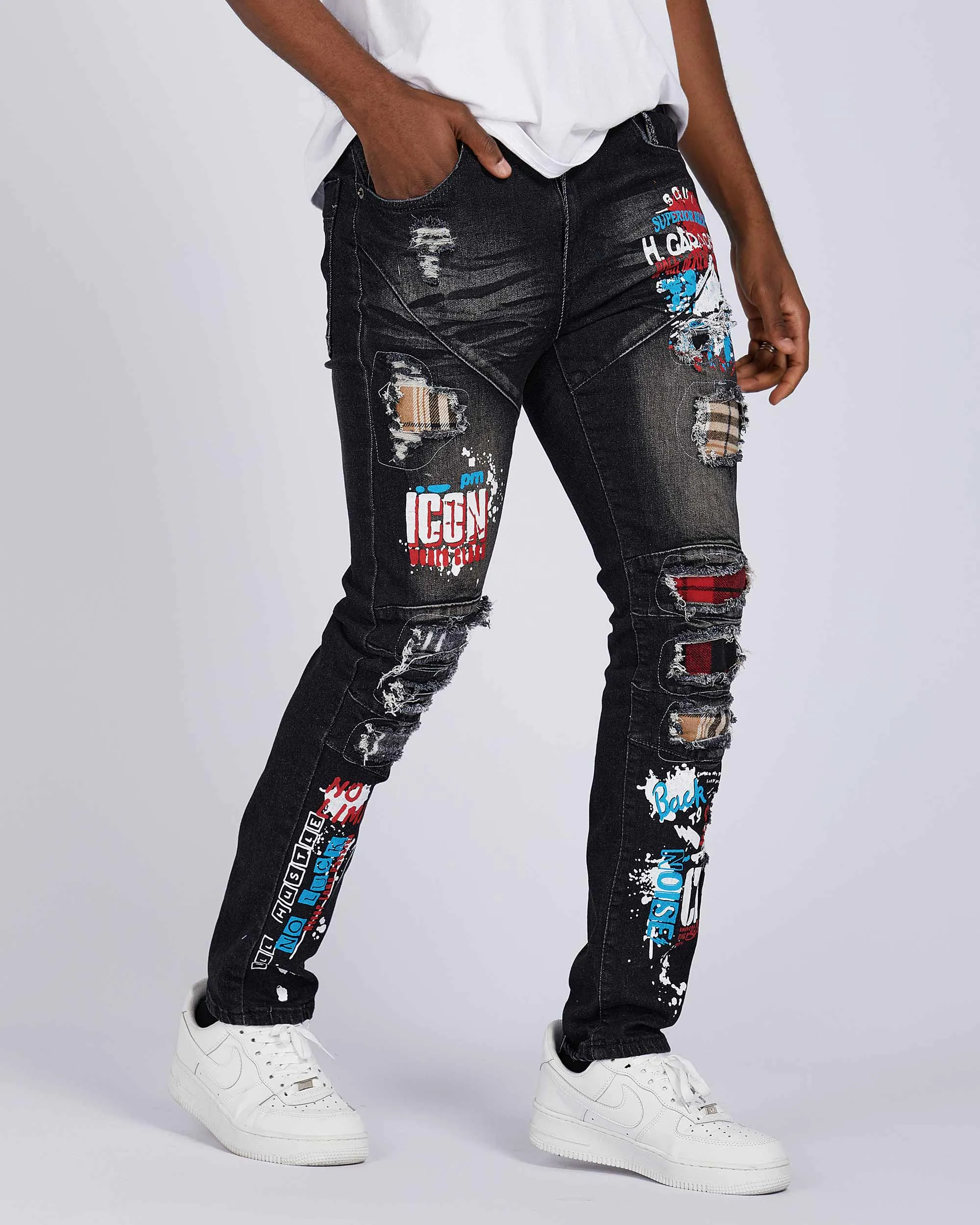Slim Fit Rip & Repair Black Jeans with Cartoon Painted-Mexico Local Delivery