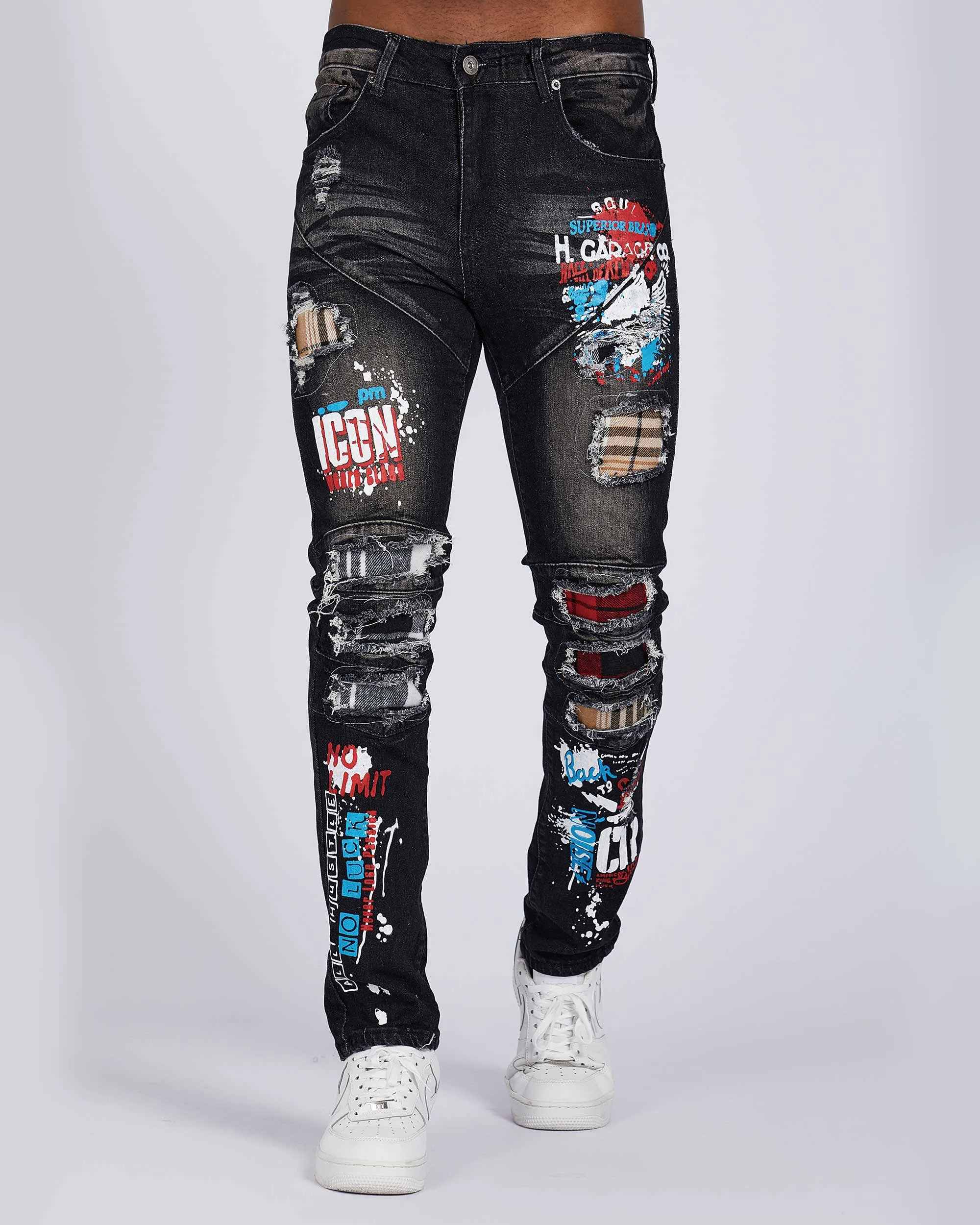 Slim Fit Rip & Repair Black Jeans with Cartoon Painted-Mexico Local Delivery