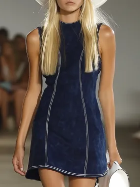 Statement Western Stitching Blue Suede Sleeveless Mini Dress